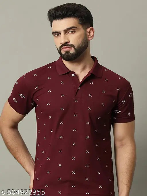 Men's Maroon Printed Polo T-Shirt.