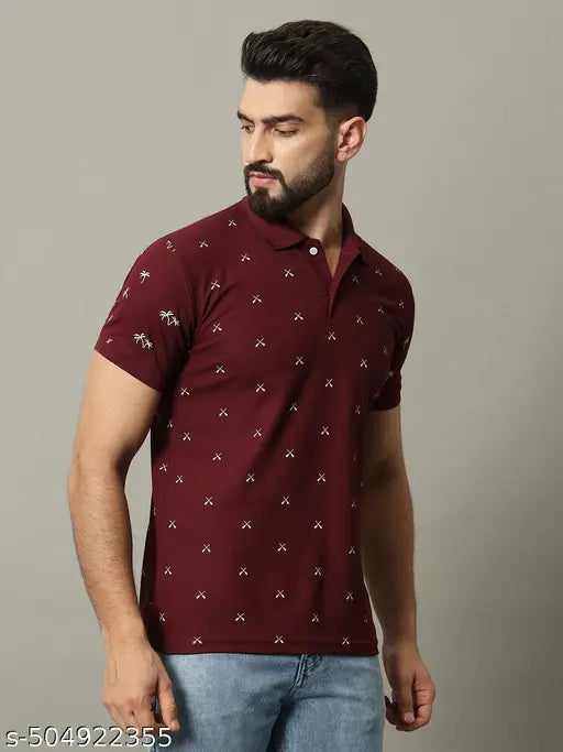 Men's Maroon Printed Polo T-Shirt.