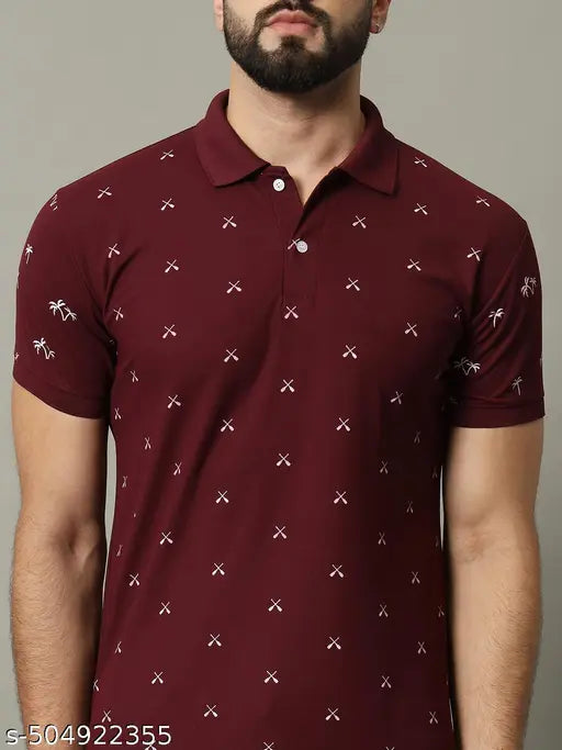 Men's Maroon Printed Polo T-Shirt.