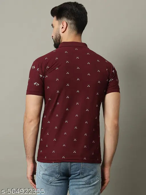 Men's Maroon Printed Polo T-Shirt.