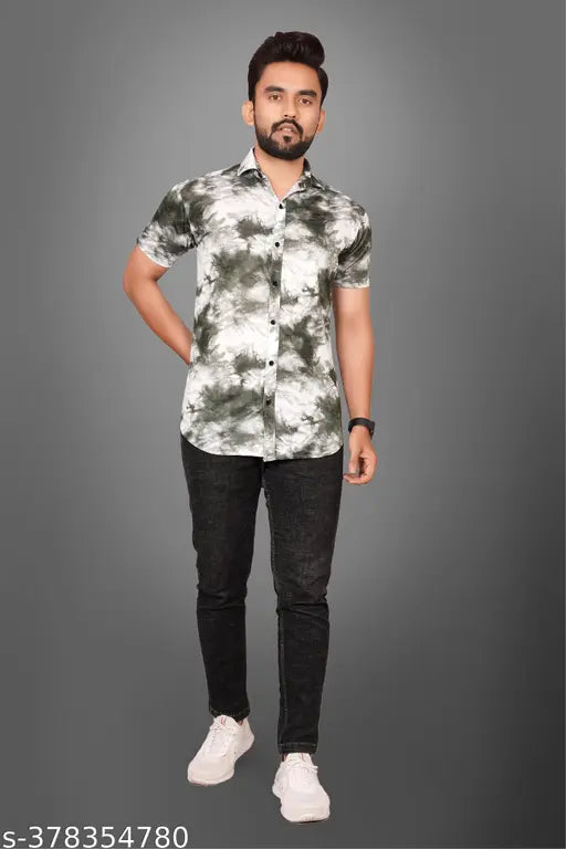 Men's Tie-Dye Print Shirt in Grey & White.